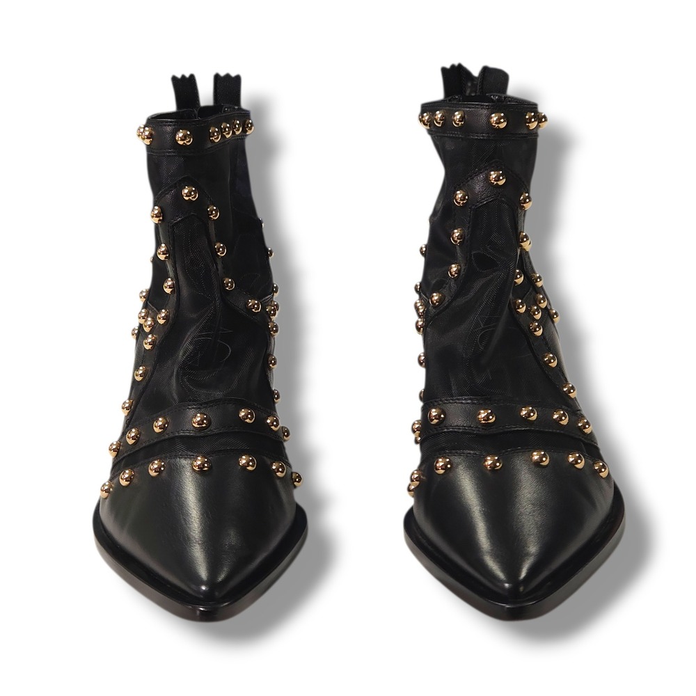 AGL Studded Mesh Ankle Boots Pointed Toe Block Heel Black Leather Bootie 37 6.5 - Picture 2 of 11